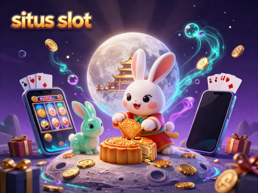 Experience excitement at situs slot with a vibrant 3D scene featuring a cartoon moon rabbit and casino elements.