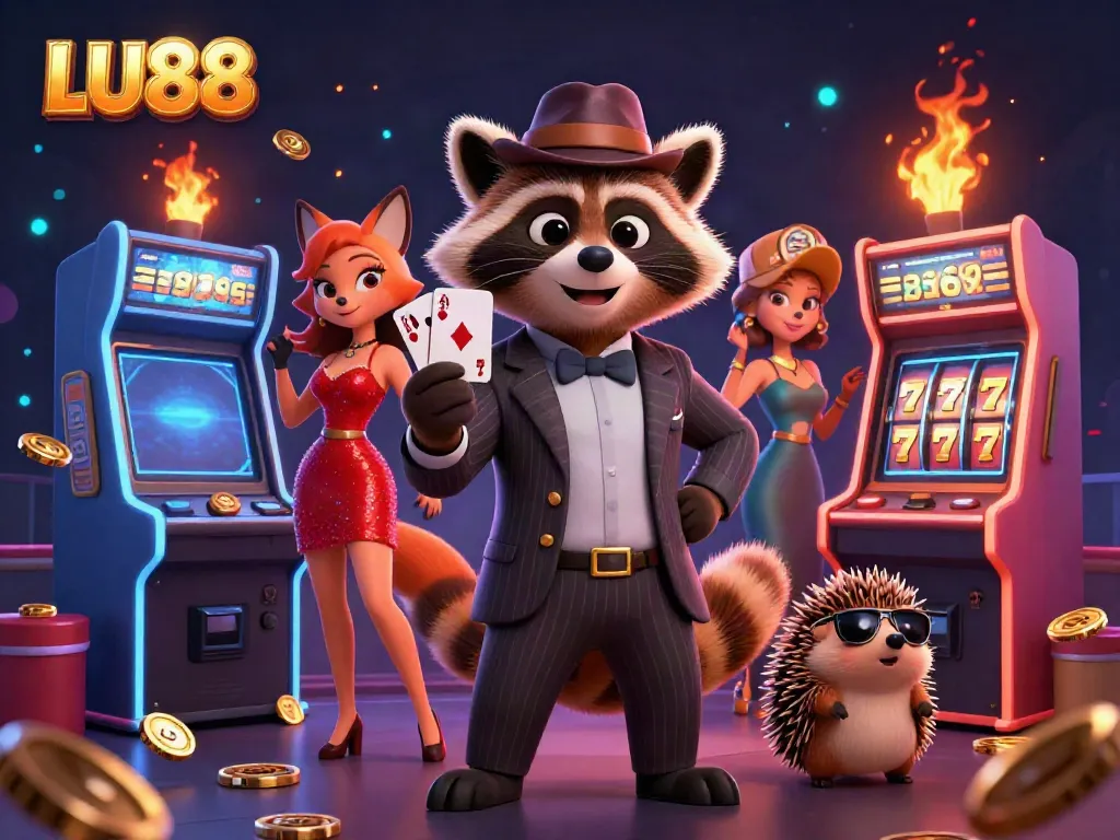 Engage with LU88's vibrant online casino through a charming raccoon and friends in a festive gaming scene.
