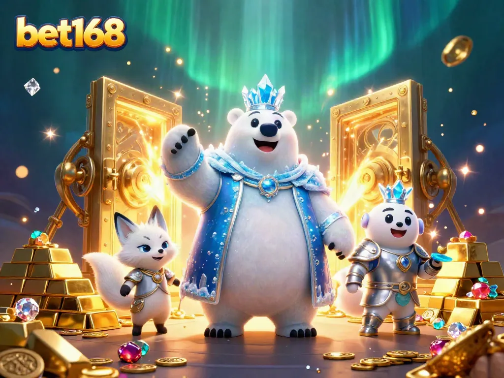 Bet168 showcases an energetic casino scene with a polar bear king, gleaming treasures, and gaming elements.