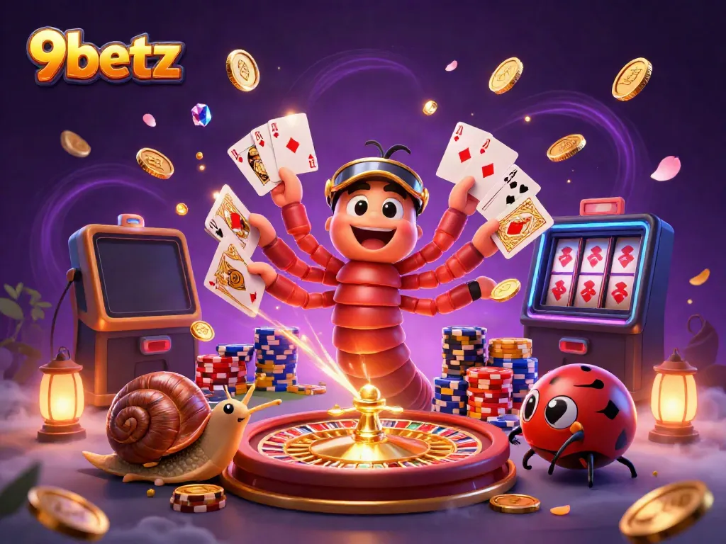 Experience the excitement of 9betz with a dynamic 3D casino scene featuring playful characters and sparkling game elements.