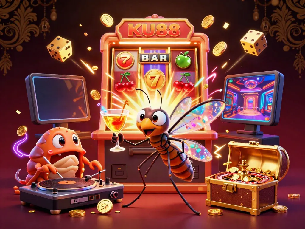 Experience the thrill of KU88 with a lively casino mascot and dynamic gaming elements in a colorful 3D scene.