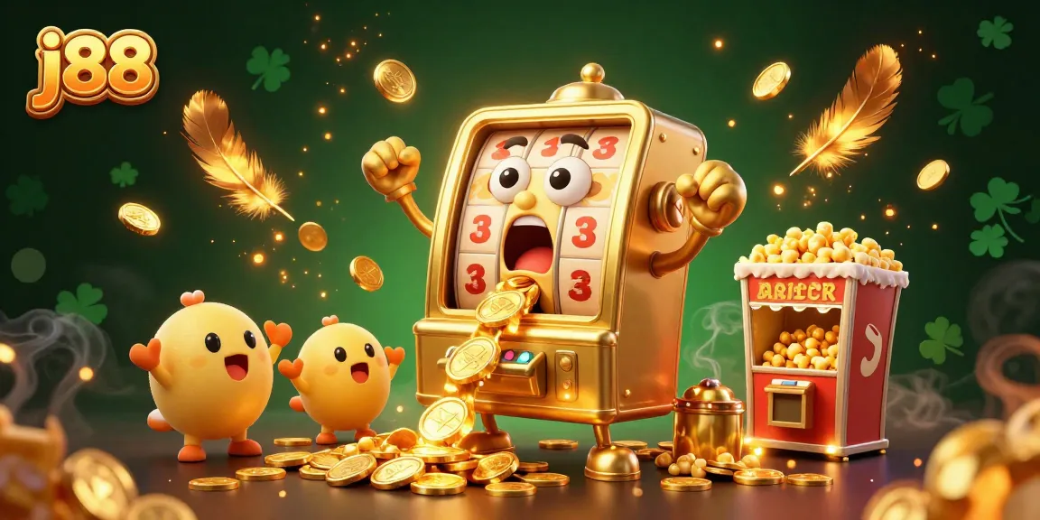 j88 slot machine hits jackpot, revealing cascading coins and cheering characters in a vibrant casino scene