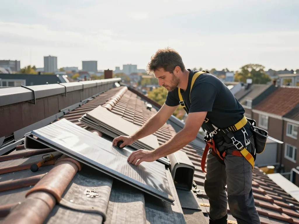 Vakkundige dakdekker die daklekkage in Den Haag aanpakt, inspecteert dakmateriaal met stedelijke achtergrond, zorgt voor kwaliteitsreparaties.
