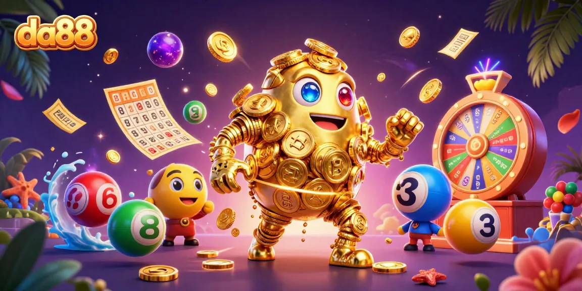 Engage in thrilling da88 gaming with a 3D golden golem amidst vibrant lottery balls and casino elements.