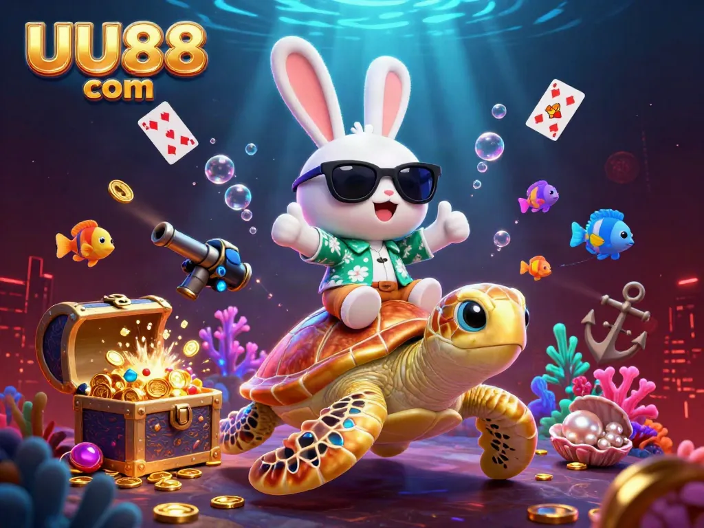 Experience exhilarating gameplay at UU88 com with a thrilling scene of a lucky rabbit and golden turtle amidst vibrant casino treasures.