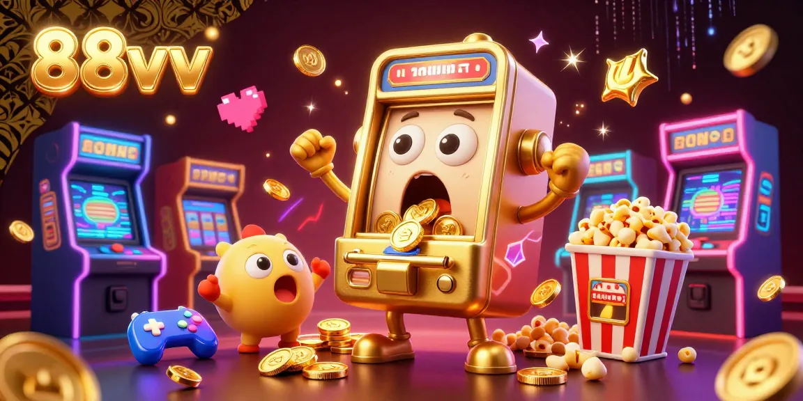 88vv grants big wins with a lively scene of a golden slot machine hitting a jackpot amid cheering machines and vibrant arcade elements.