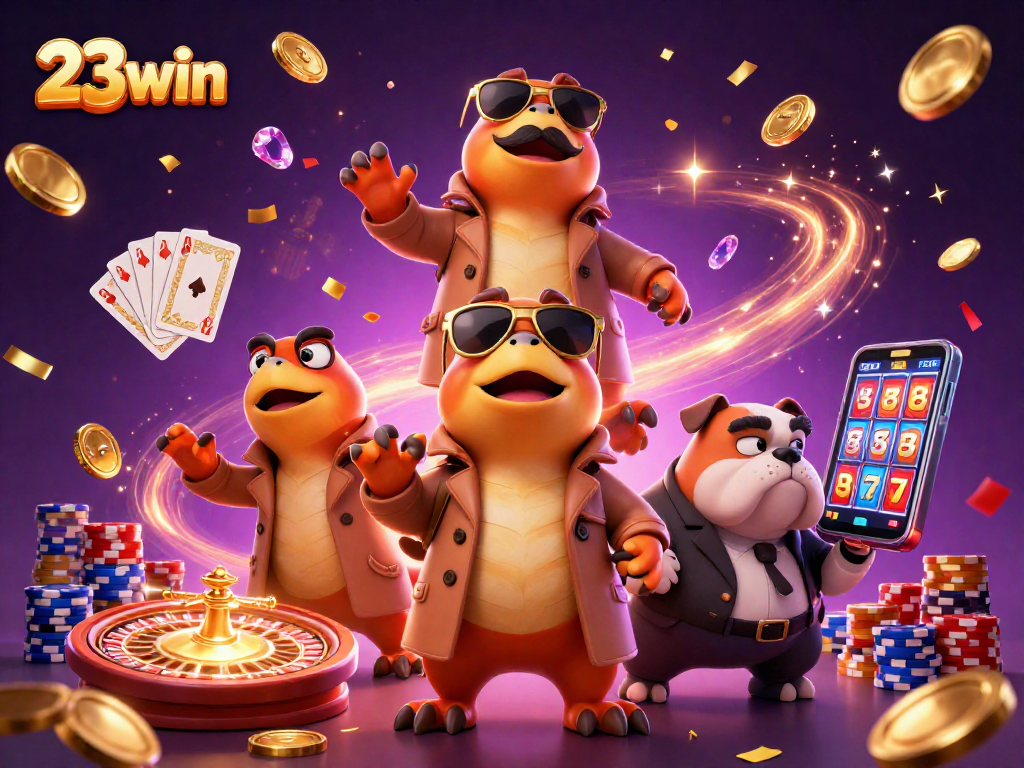 Experience the fun of 23win as cartoon raptors sneak into a VIP casino, rich with exciting game elements.