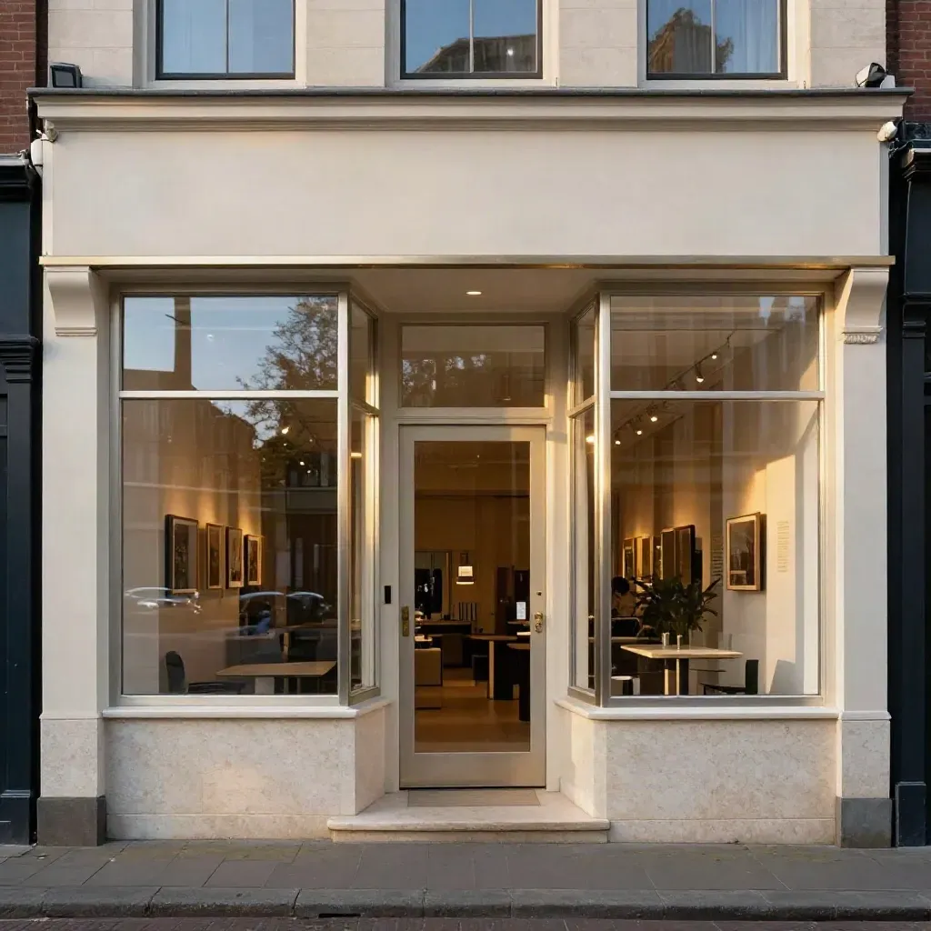 Open bedrijfspui met warme lichten, neutrale luifel en ritmische ramen in avondschemer.