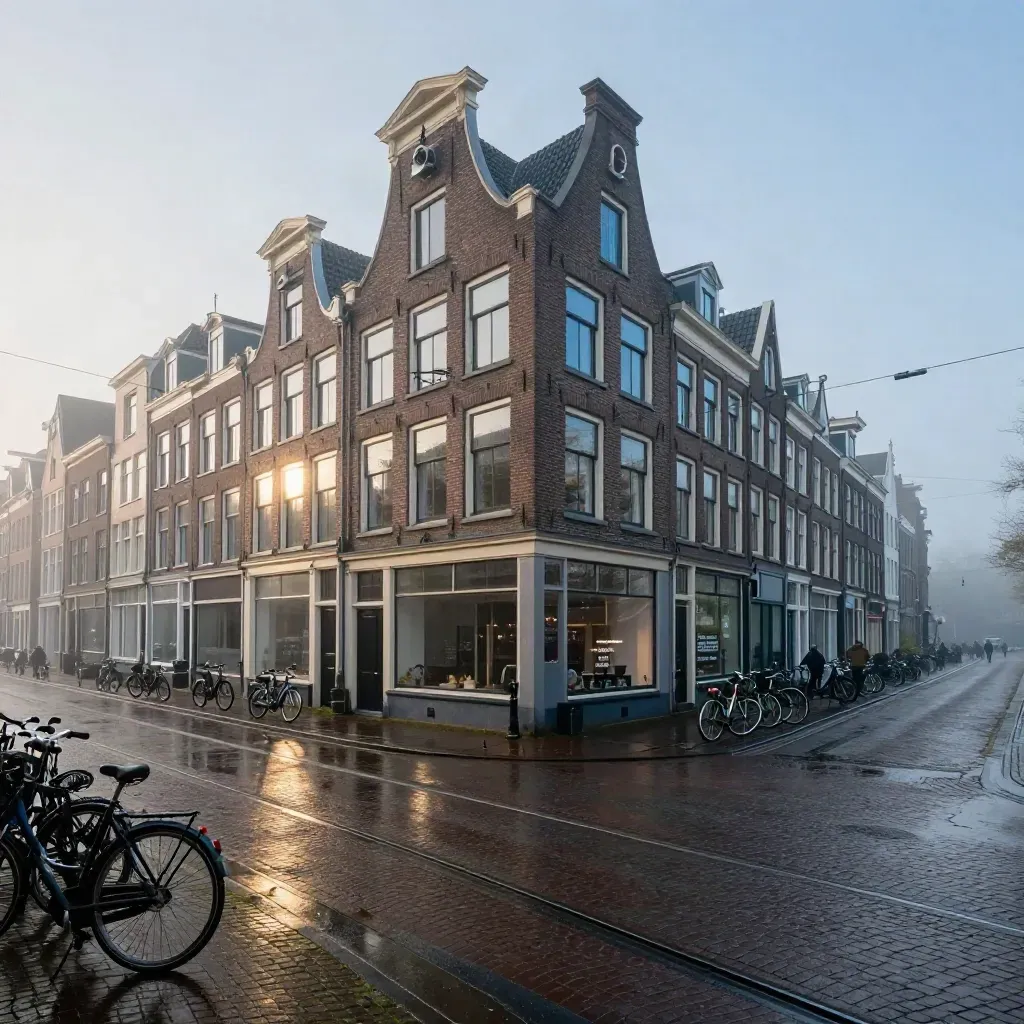 Natte Nederlandse stadsrand met tramrails, fietsen, baksteen en ochtendlijke mist.