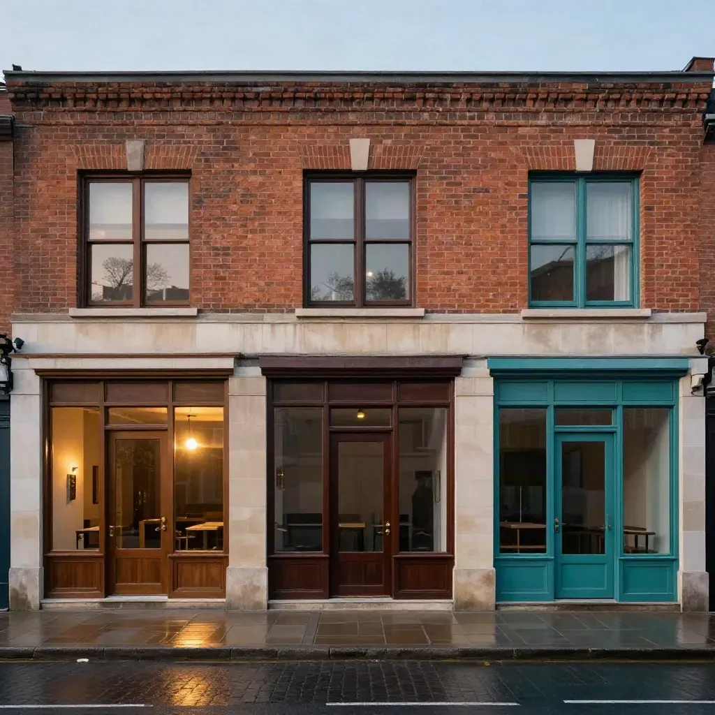 Drie franchisegevels in schemering met oplopende verlichting en natte straatreflecties.