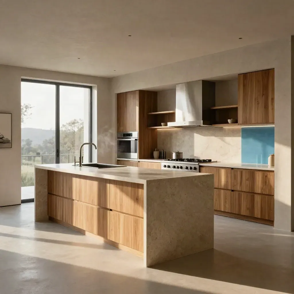 Luxe keuken-showroom in Brabant met stenen eiland, warme houtfronten en ochtendlicht.