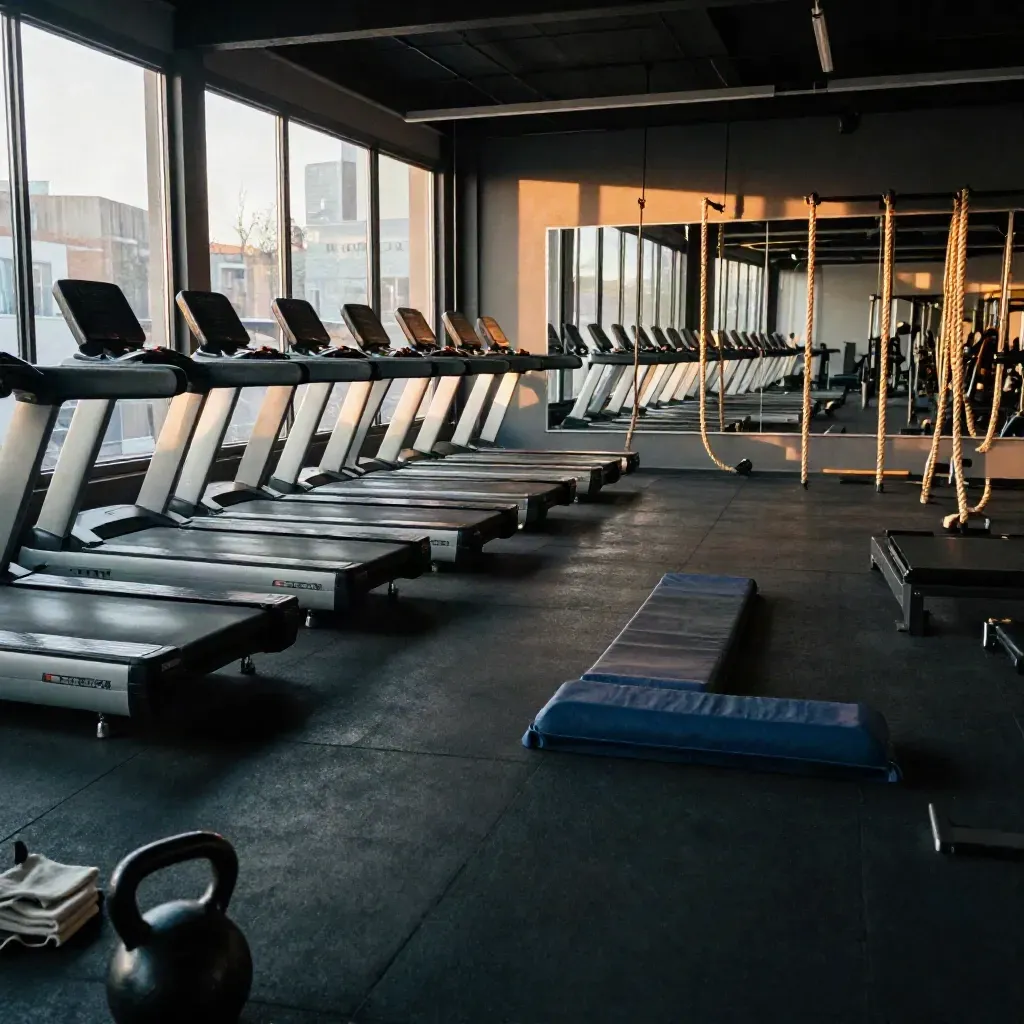 Lege Rotterdamse gym met loopbanden, rope stations en spiegels in warm middaglicht.