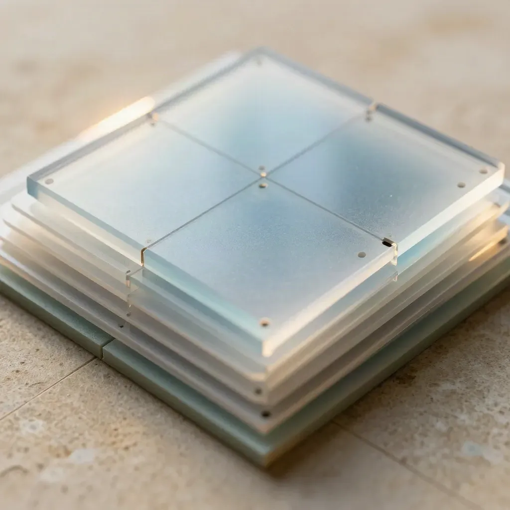 Transparante datategels en geperforeerde kaarten met frosted glas in strakke close-up.
