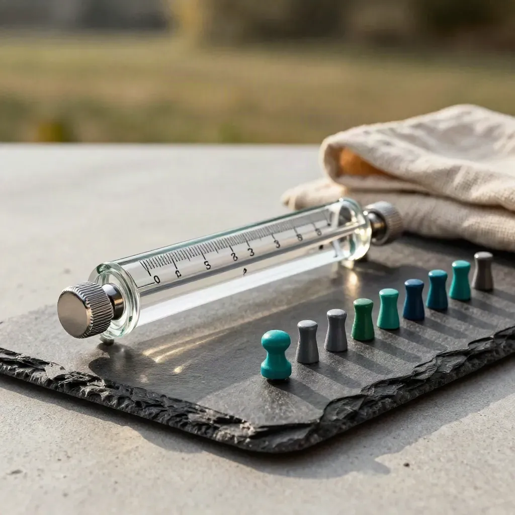 Glazen meterwijzer, verstelknoppen en pegs op een leisteen tray met een teal accent.