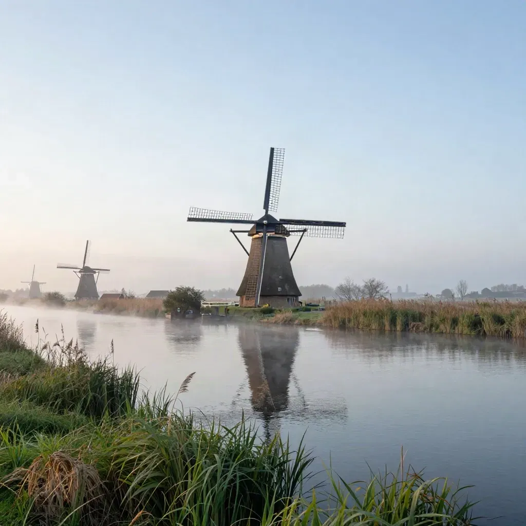 Zaanse windmolens boven de mistige Zaanrivier in Noord-Holland
