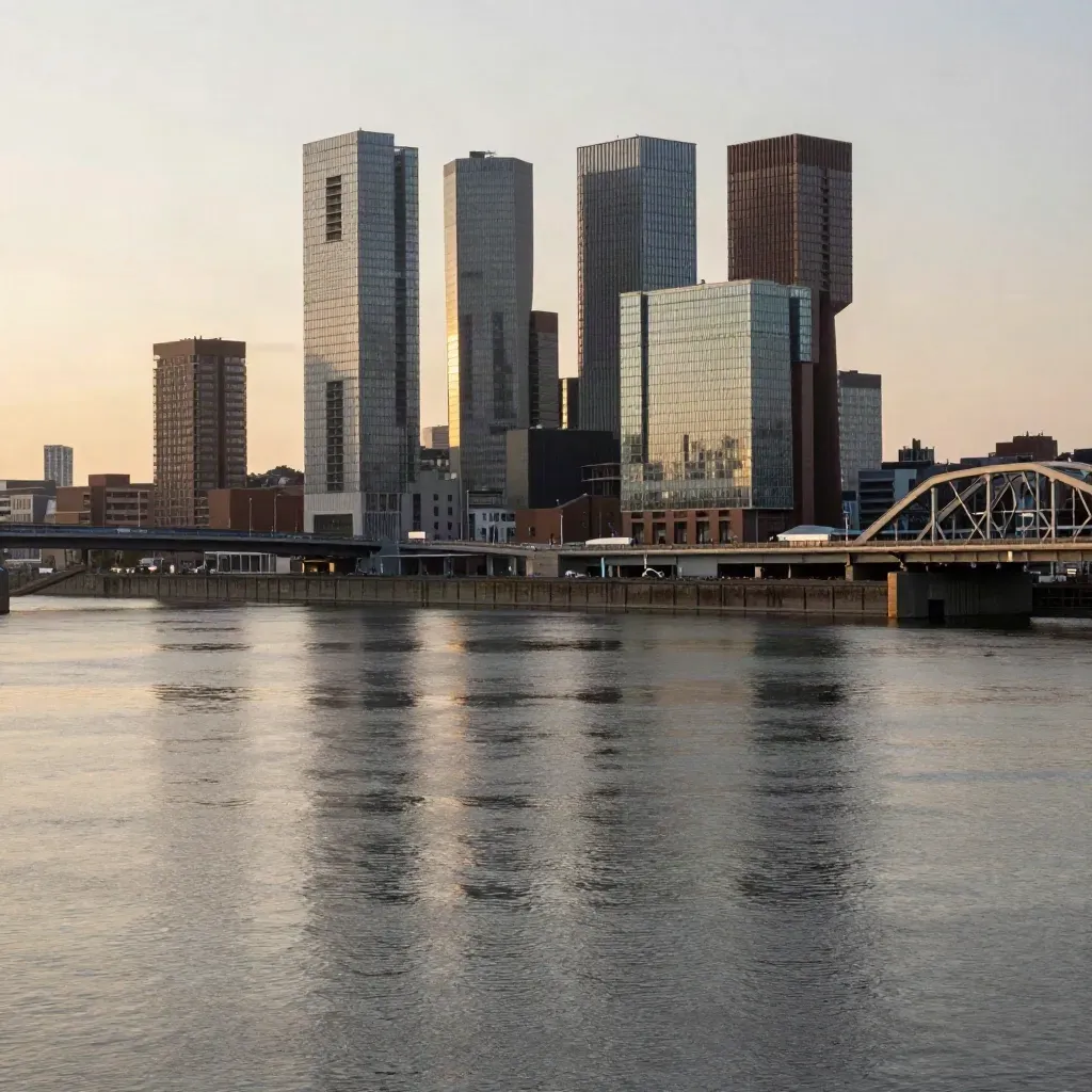 Rotterdamse skyline boven een rustige rivierbocht met warme avondhaze in Zuid-Holland.