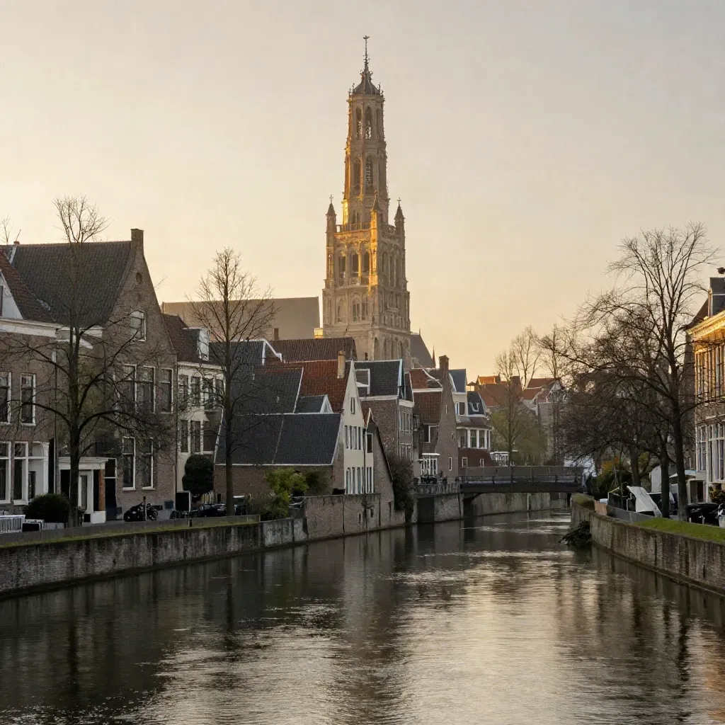 De Domtoren boven Utrechtse grachten en stille waterkant in warm gouden avondlicht.