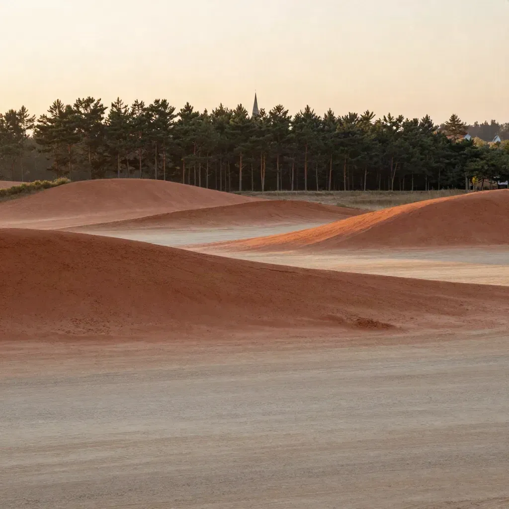 Warm Brabants landschap met kleigrond, dennenrij en verre dorpsspits in nevel.