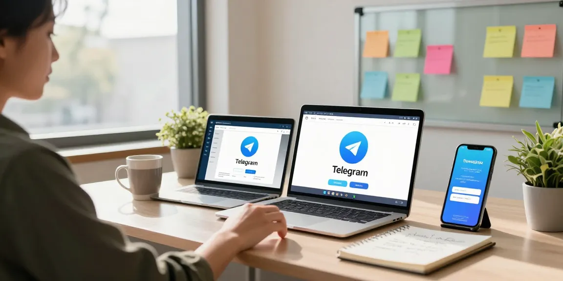 Professional using Telegram网页版 on multiple devices in a modern workspace with natural light.