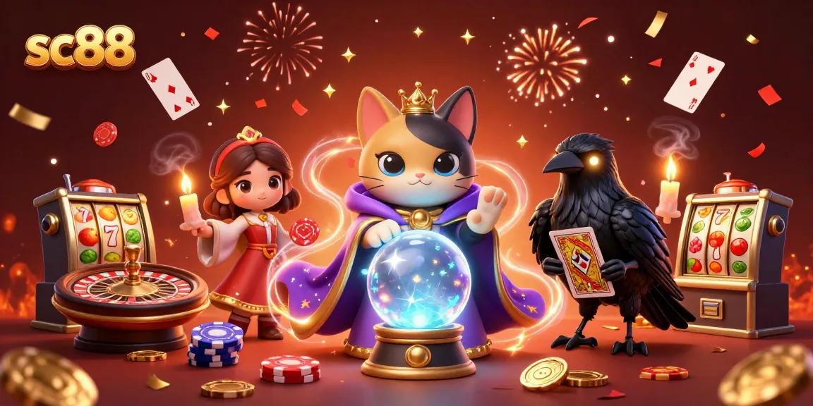Experience sc88's immersive casino world with a vibrant 3D illustration of playful characters and jackpots.