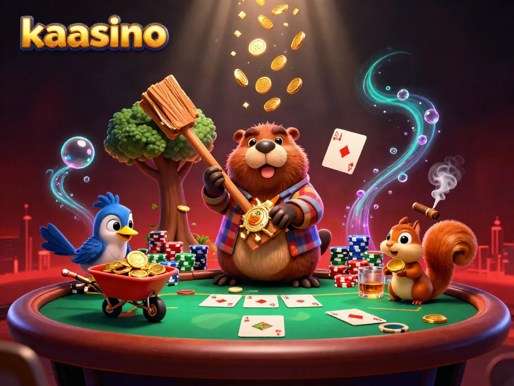 Kaasino inspired scene of animated characters interacting with poker elements in a vibrant casino environment.