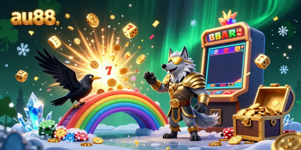 Experience the excitement of au88 with vibrant illustrations of Norse characters amidst casino elements and jackpot symbols.