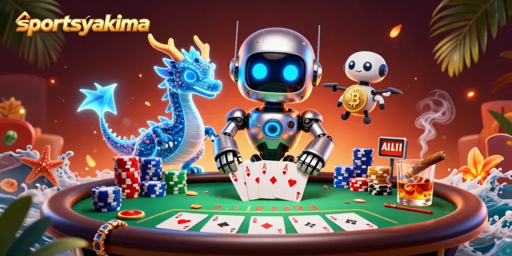 Experience sportsyakima excitement with a vibrant 3D scene of futuristic characters playing poker.