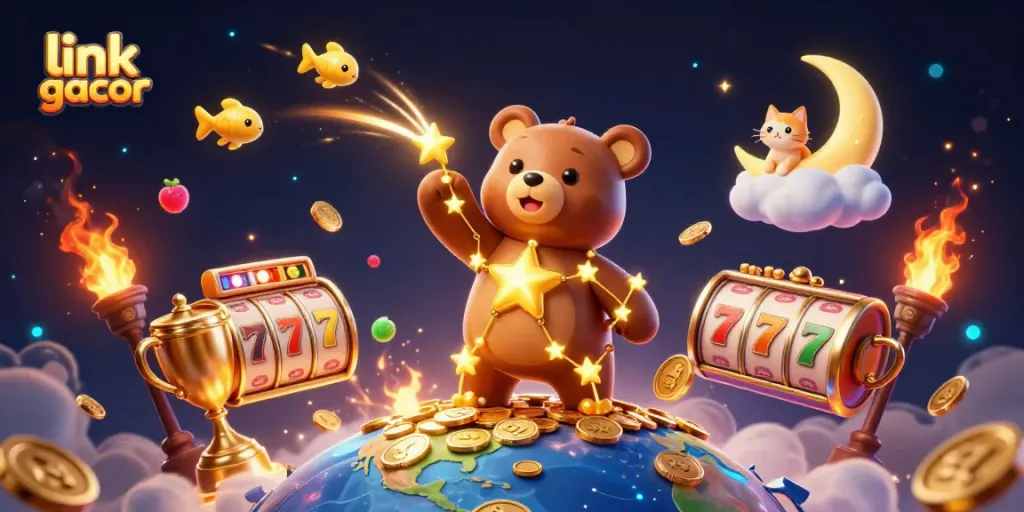Engage with link gacor as the 3D constellation bear gathers coins, showcasing vibrant slot elements.