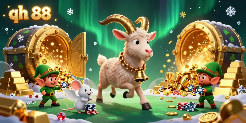 Experience the dynamic thrill of qh 88 with Krampus and quirky characters stealing chips in an enchanting casino.