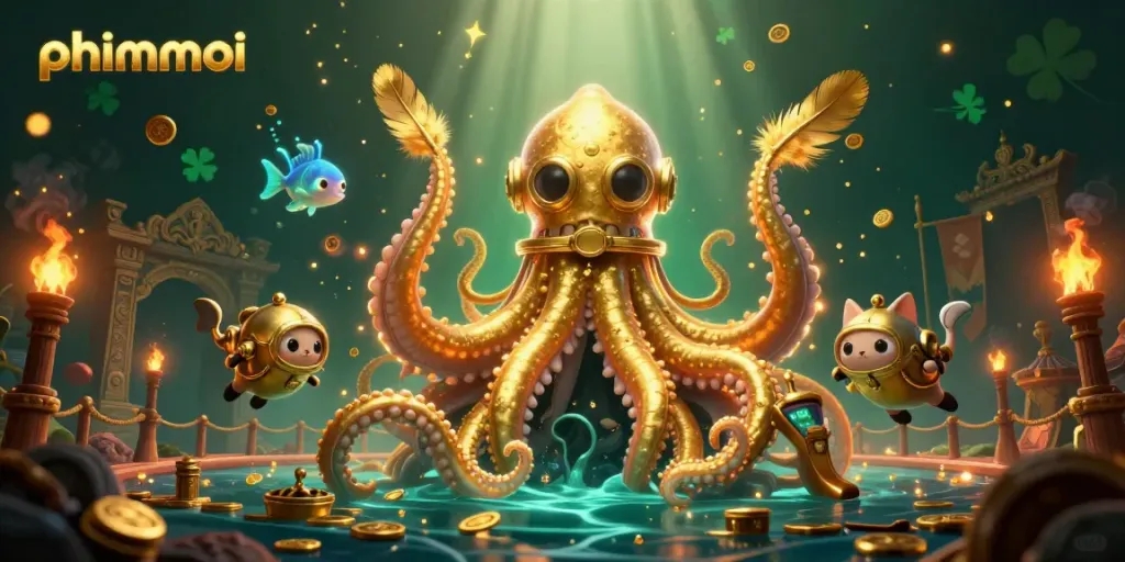 Experience vibrant phimmoi casino thrills with a kraken, diving cat, and treasure-hunting scene.