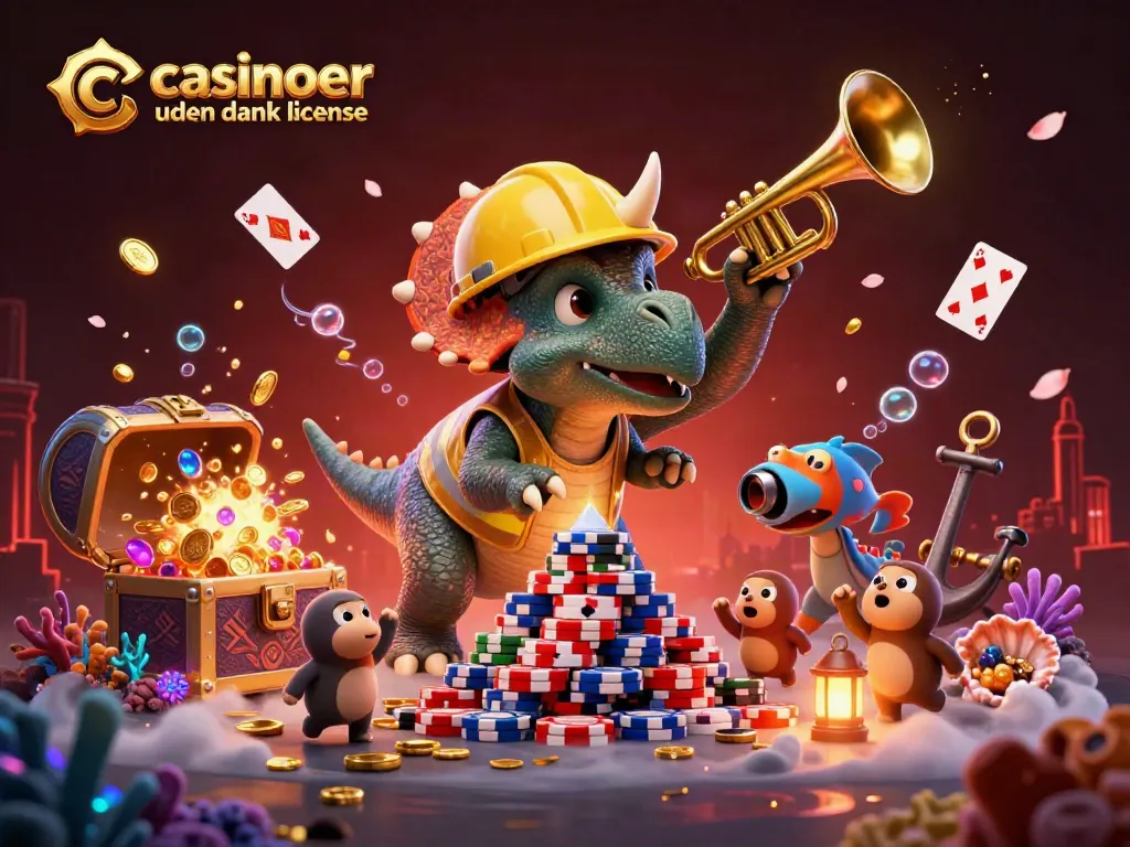 Energetically showcasing casinoer uden dansk licens, a triceratops builds poker chip pyramids amidst vibrant underwater treasures.