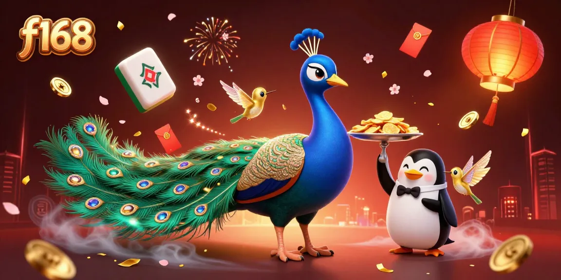 Engage with vibrant f168 casino elements featuring peacock, penguin, and hummingbird in a dynamic gaming scene.