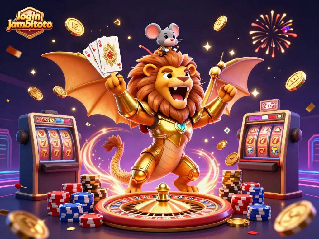 Engage in thrilling gameplay with login jambitoto, featuring a captivating chimera creature in a lively casino scene.