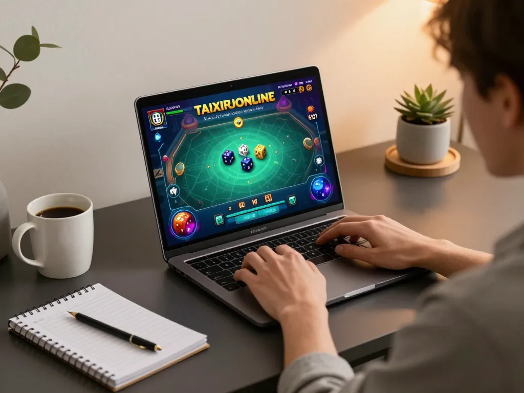 Engaged user playing taixiuonline on laptop, showcasing vibrant gaming interface and strategy notes.