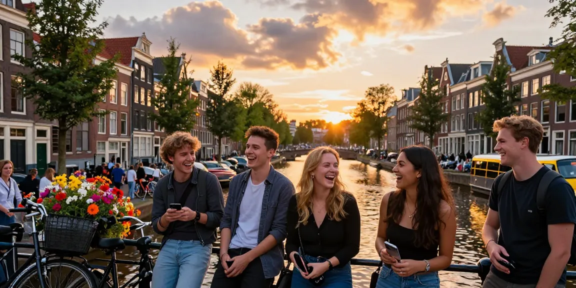 Groep vrienden genietend van een taxi bus in de schilderachtige grachten van Amsterdam tijdens zonsondergang.