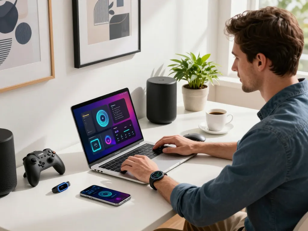 Stylish workspace with best tech gadgets for men, featuring Bluetooth devices like a game controller, smart speaker, and fitness tracker.