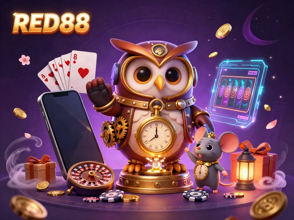 Experience exhilarating slots action at RED88 with a dynamic 3D scene featuring vibrant casino elements and exciting game visuals.