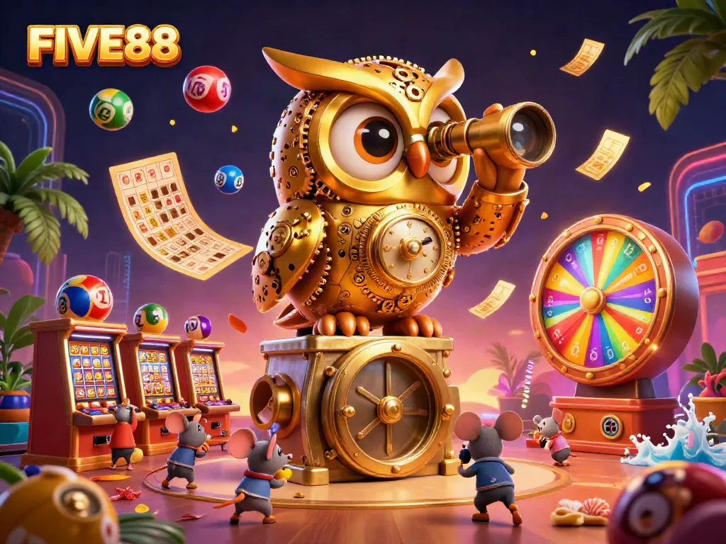 Engage with FIVE88's exciting casino games in this vibrant, detailed 3D illustration featuring dynamic gaming elements.