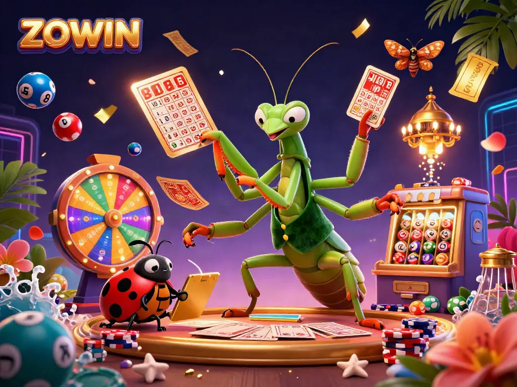 ZOWIN brings excitement to the table with a dynamic casino scene featuring colorful elements and engaging characters.