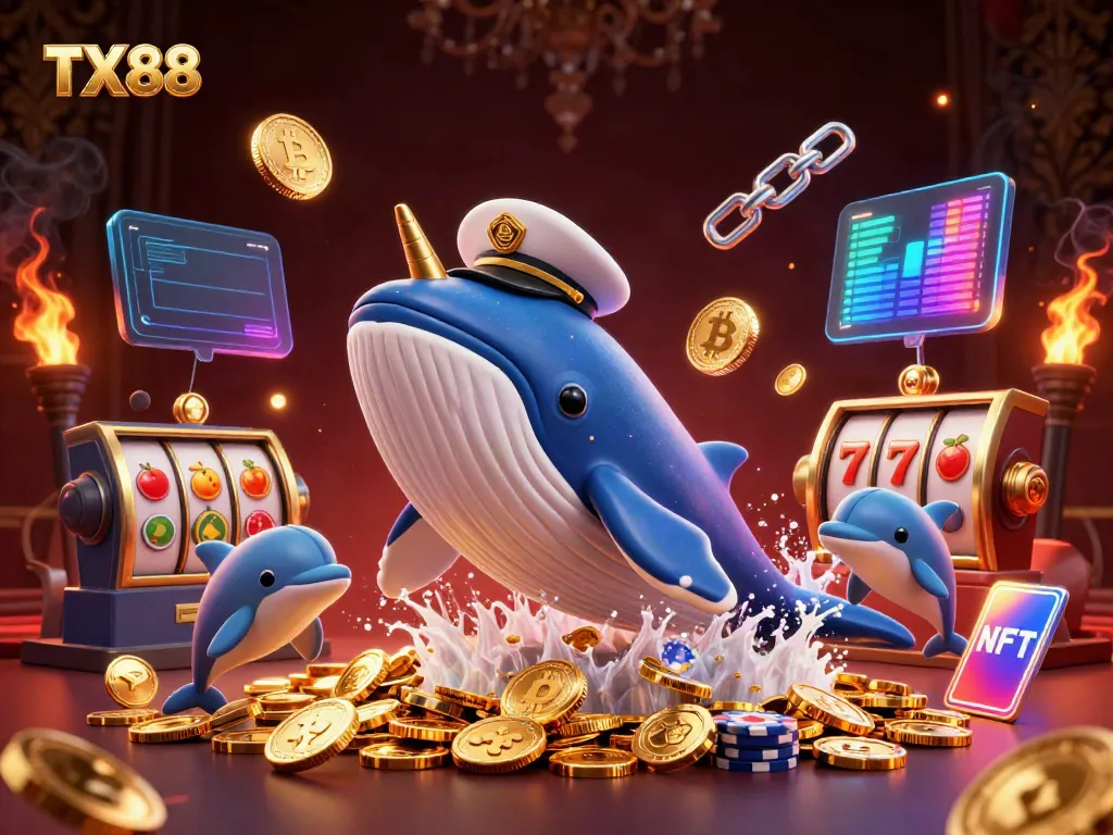 Experience the fun at TX88 with colorful 3D characters and casino elements around a whale, narwhal, and dolphins.