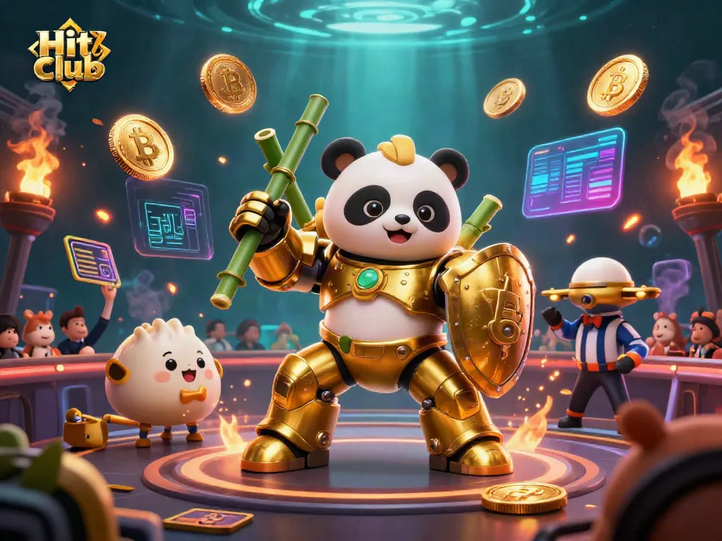 Hit club showcases vibrant online casino action with a golden panda robot in a cheerful atmosphere.