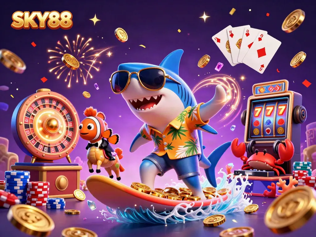 Engage in thrilling experiences at SKY88 with vibrant casino action featuring a shark, clownfish, and DJ.
