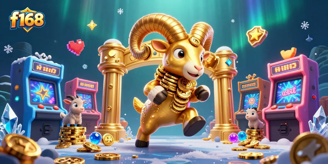 Engage with the vibrant f168 gaming scene featuring a golden ram amidst arcade machines, promising exciting wins.