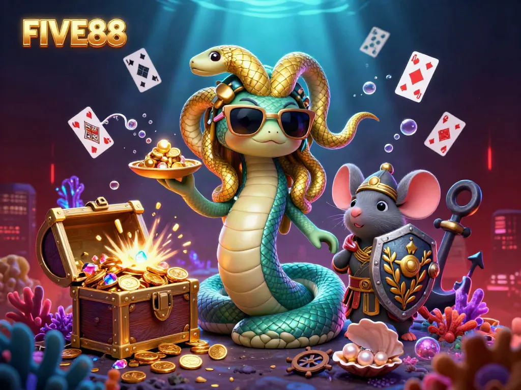 Experience the fun of FIVE88 with a lively 3D illustration showcasing Medusa and a warrior mouse amid treasures, games, and bioluminescent sea life.