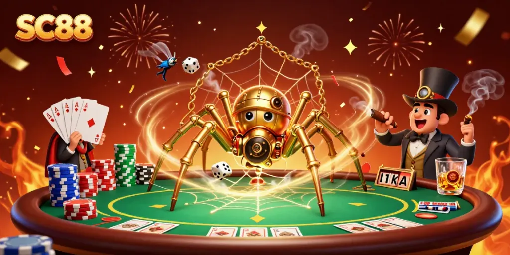 Experience thrilling action in SC88 as a golden spider captures dice amidst vibrant casino elements.