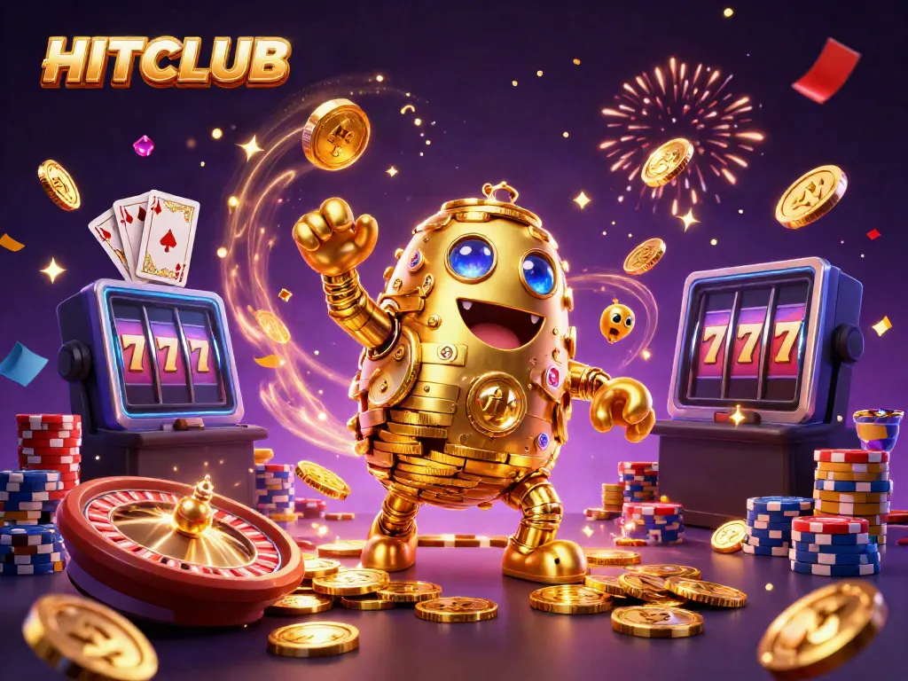 Experience the excitement of HITCLUB with a dynamic scene featuring a golden golem and casino elements.