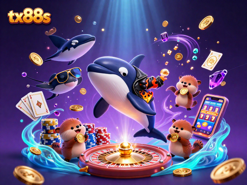 Experience the thrill of tx88s with vibrant casino elements featuring an orca, stingray, and sea otters.
