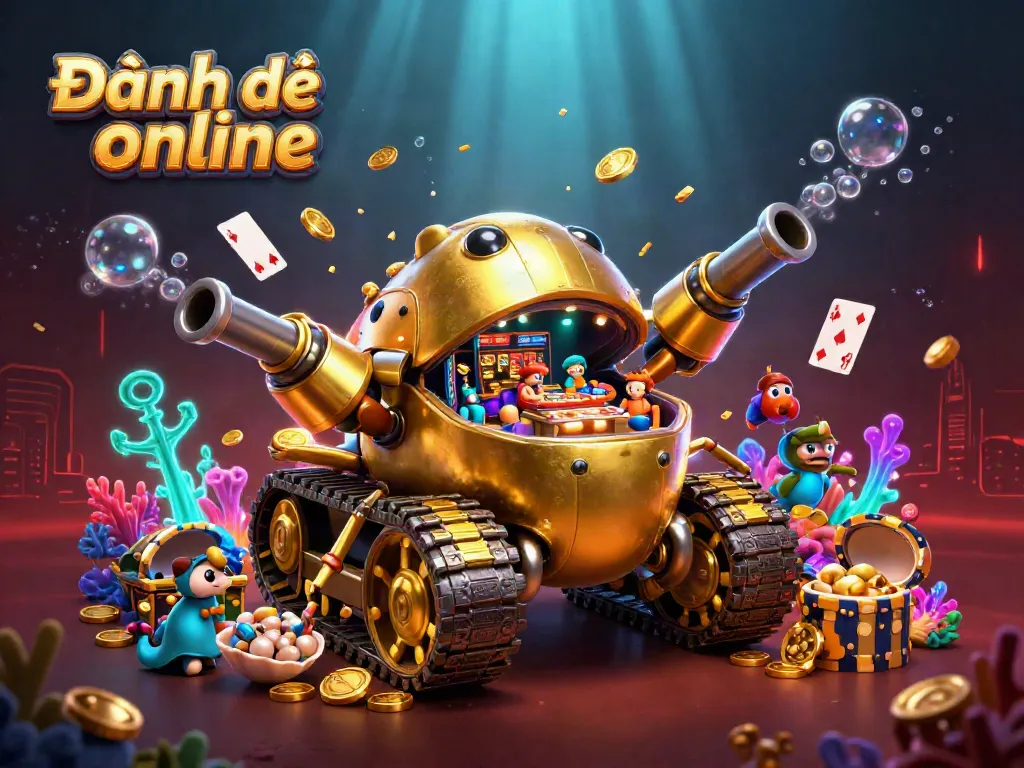 Experience Đánh đề online with our colorful, action-packed casino illustration featuring golden tanks and gem-filled treasures.