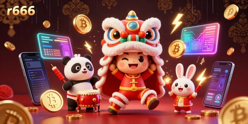 Experience r666 with a dynamic lion dance scene, drummers, and crypto coins enhancing your gaming journey.