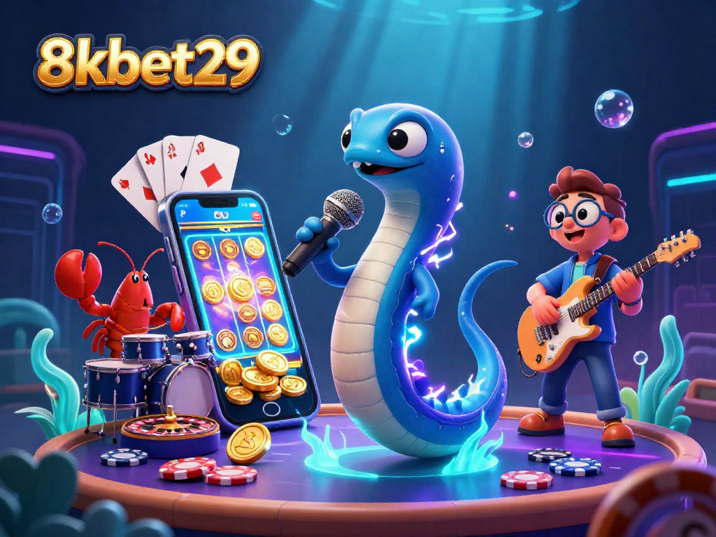 Experience vibrant gaming action with 8kbet29's underwater casino scene featuring a DJ eel.
